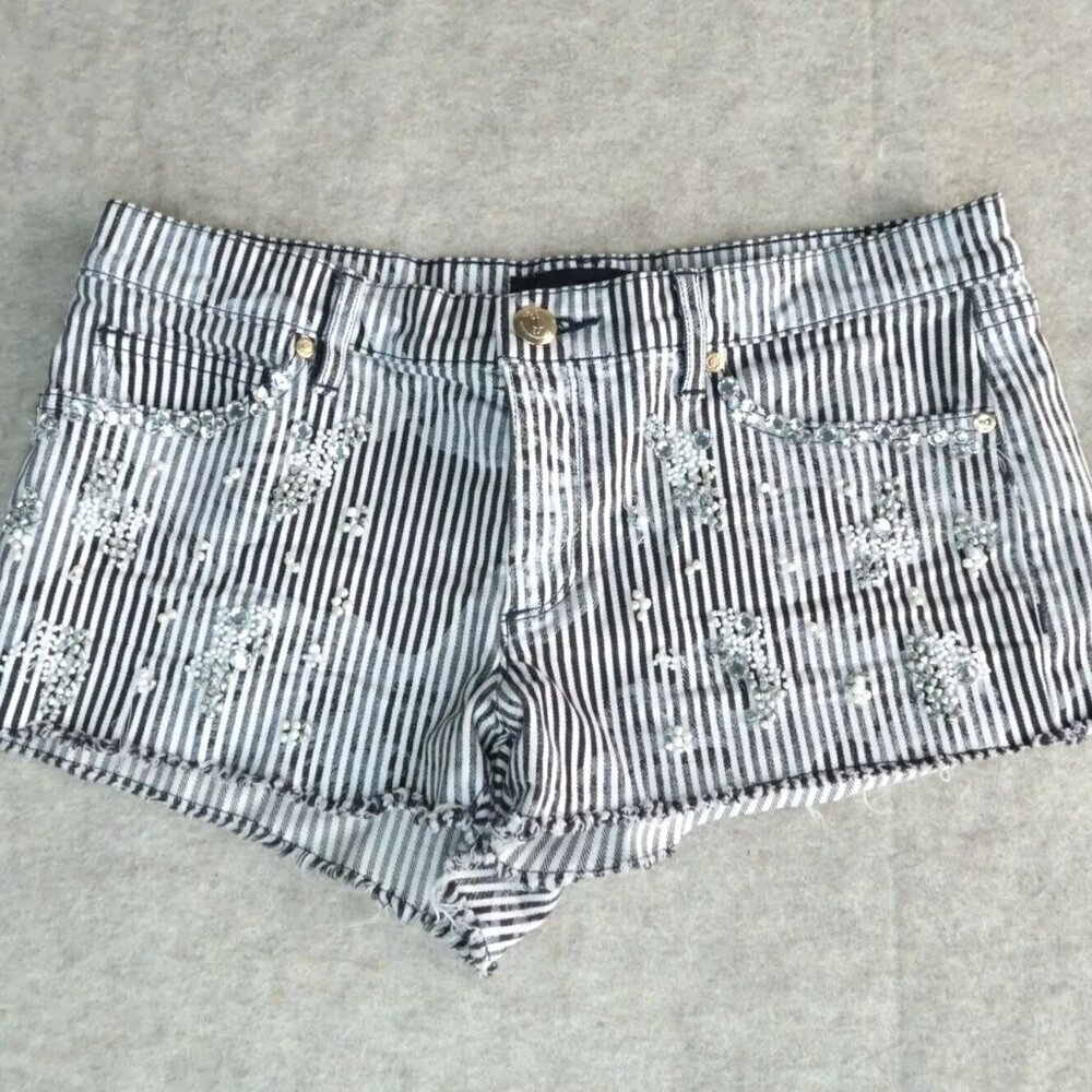 Juicy Couture Denim Jean Shorts Frayed Embellished Black White Stripes Size 28